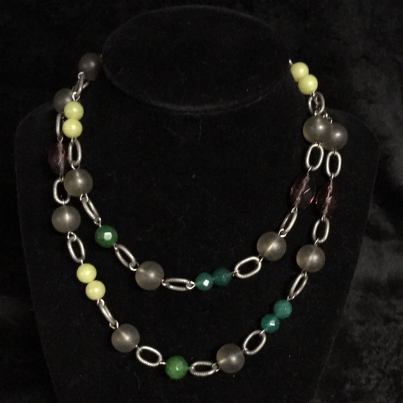 J. Jill two strand silver tone necklace with green tone and amber look beads - Picture 1 of 3